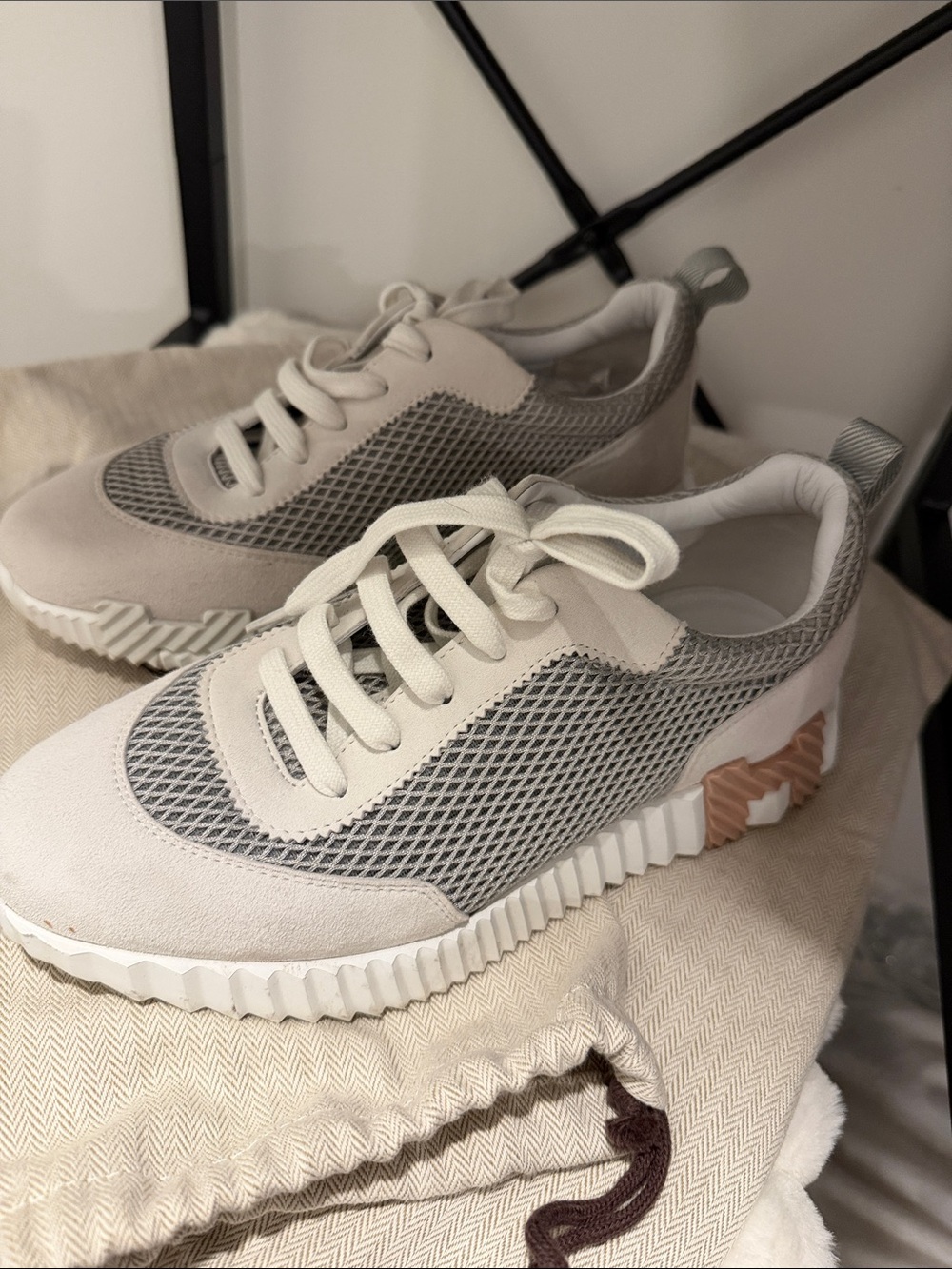 Hermes Light Grey and Cream Mesh Sneakers